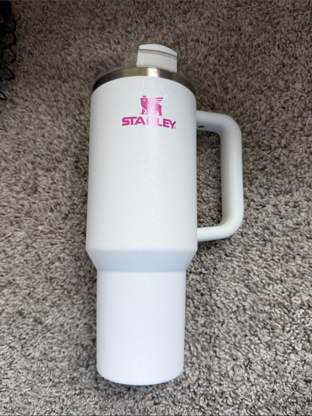 Stanley White Travel Mug with Pink Logo and Handle